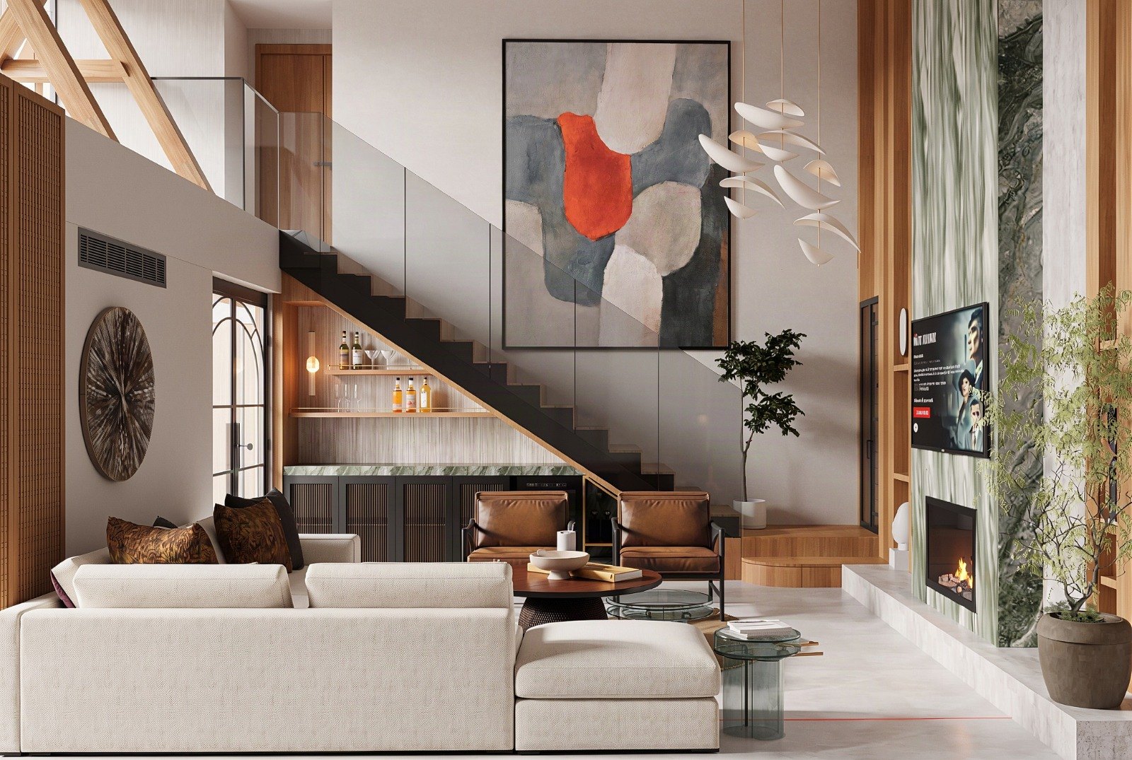 Farmhouse Project, Aliağa — çift kat yüksekliğinde salon: açık renk oturma grubu, ahşap taşıyıcılar ve yeşil mermer şömine duvarı